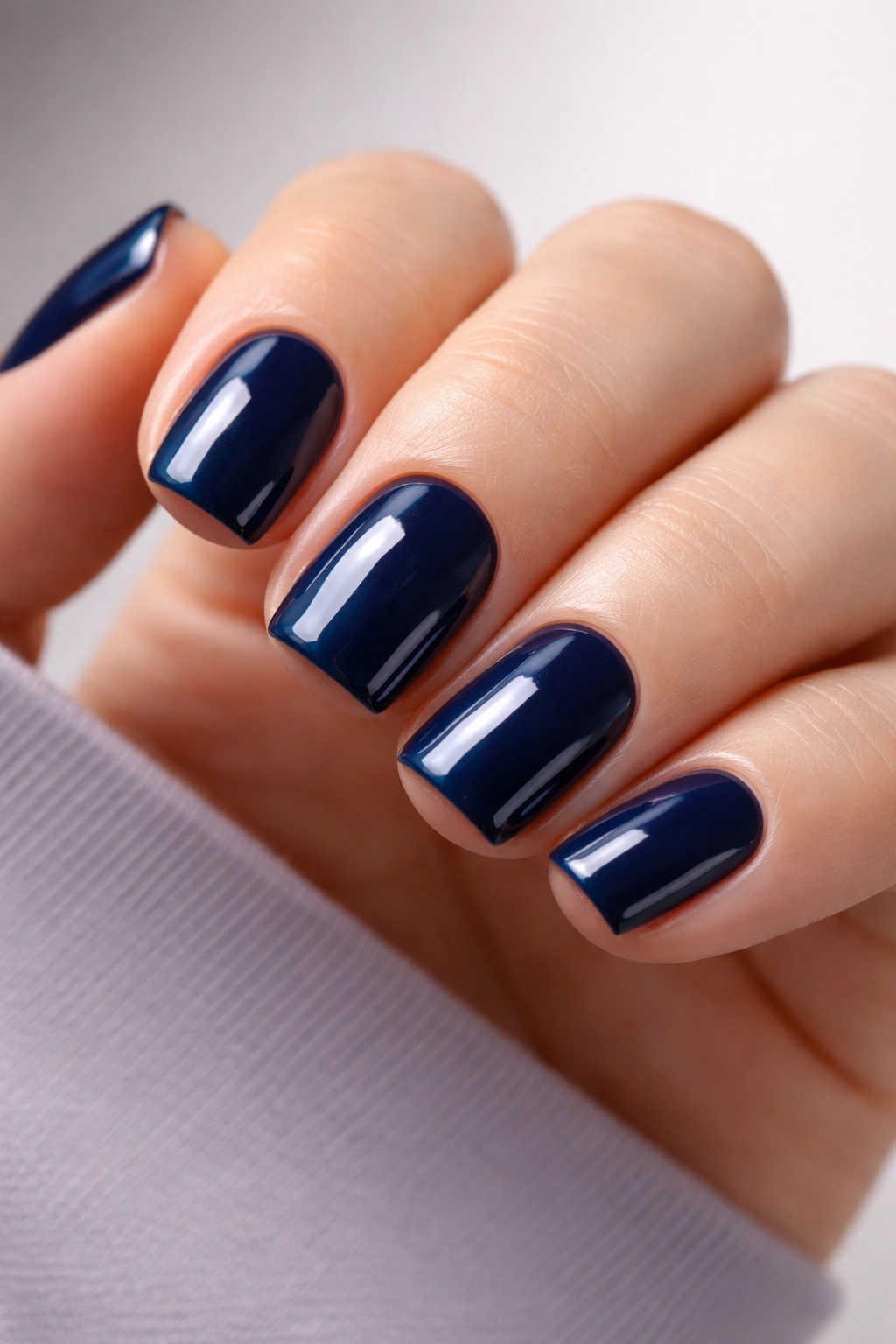 Close-up of short soft square nails painted deep ink blue with a high-gloss finish