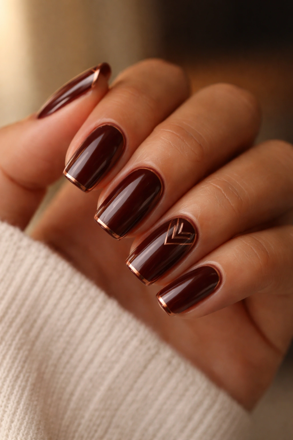 Close-up of deep mahogany nails with copper accents