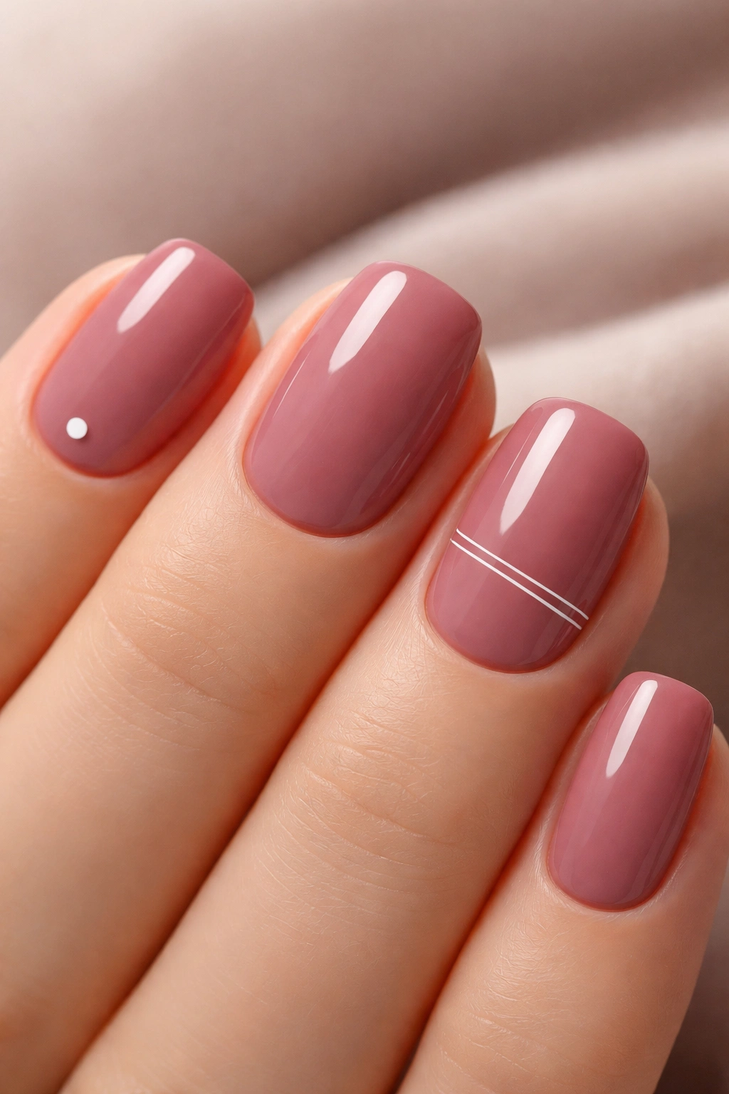 Close-up of deep mauve pink nails with a single white line and dot on accented nails.
