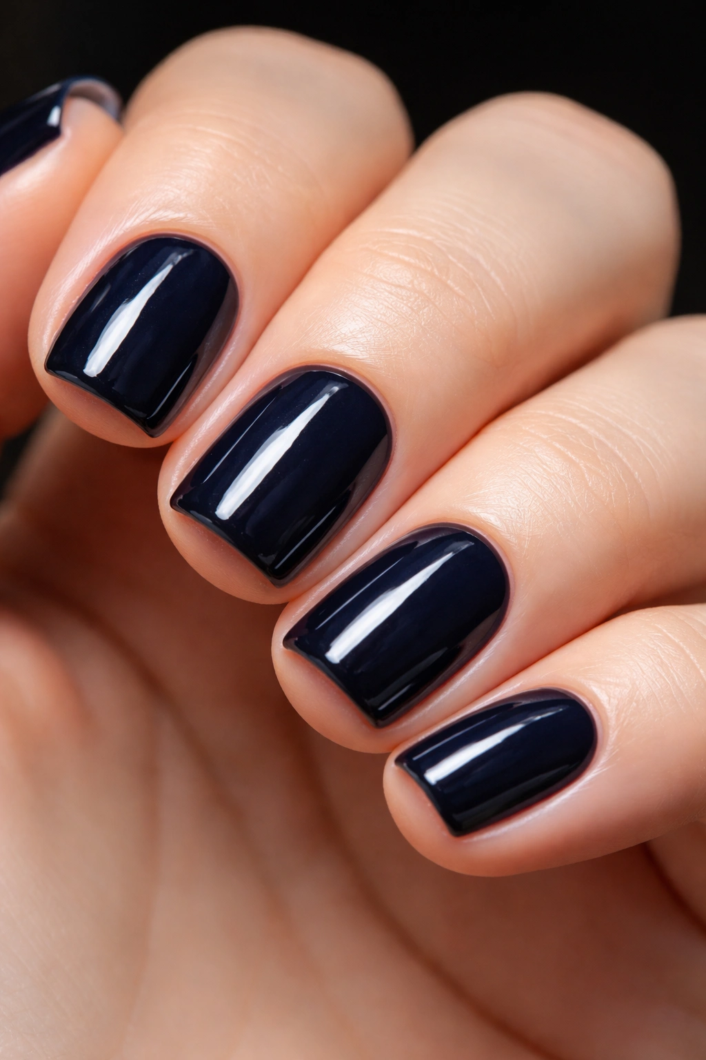 Short square nails in deep navy ink with glossy finish