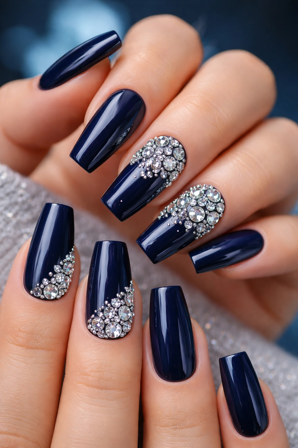 Navy nails with crystalline rhinestone clusters