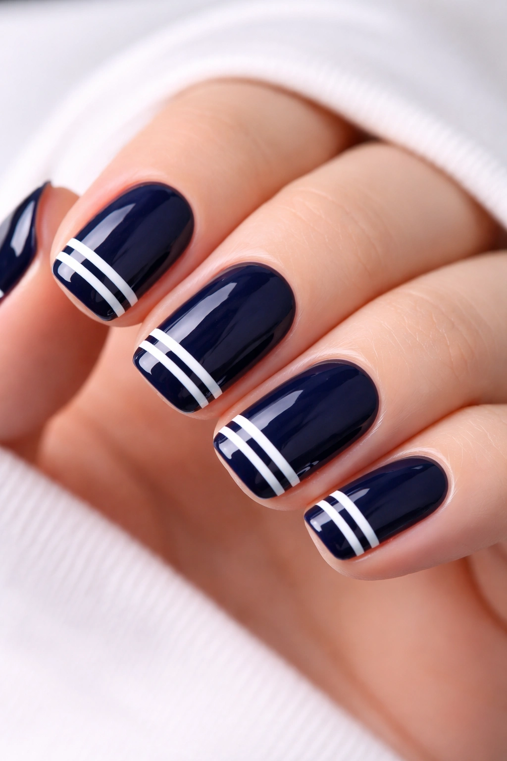 Close-up of deep navy squoval nails with white stripes