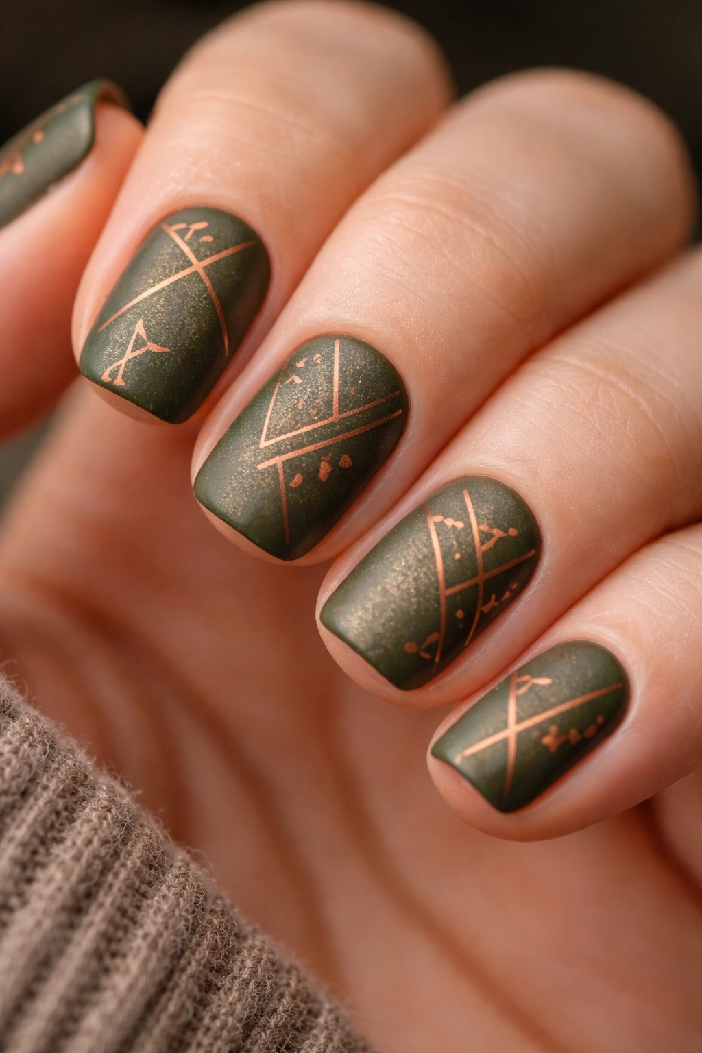 Close-up of deep olive green short squoval nails with copper geometric patterns
