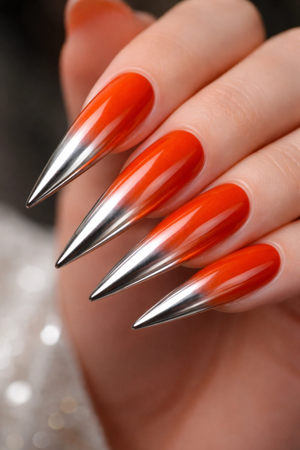 Close-up of deep orange ombré stiletto nails fading to chrome.