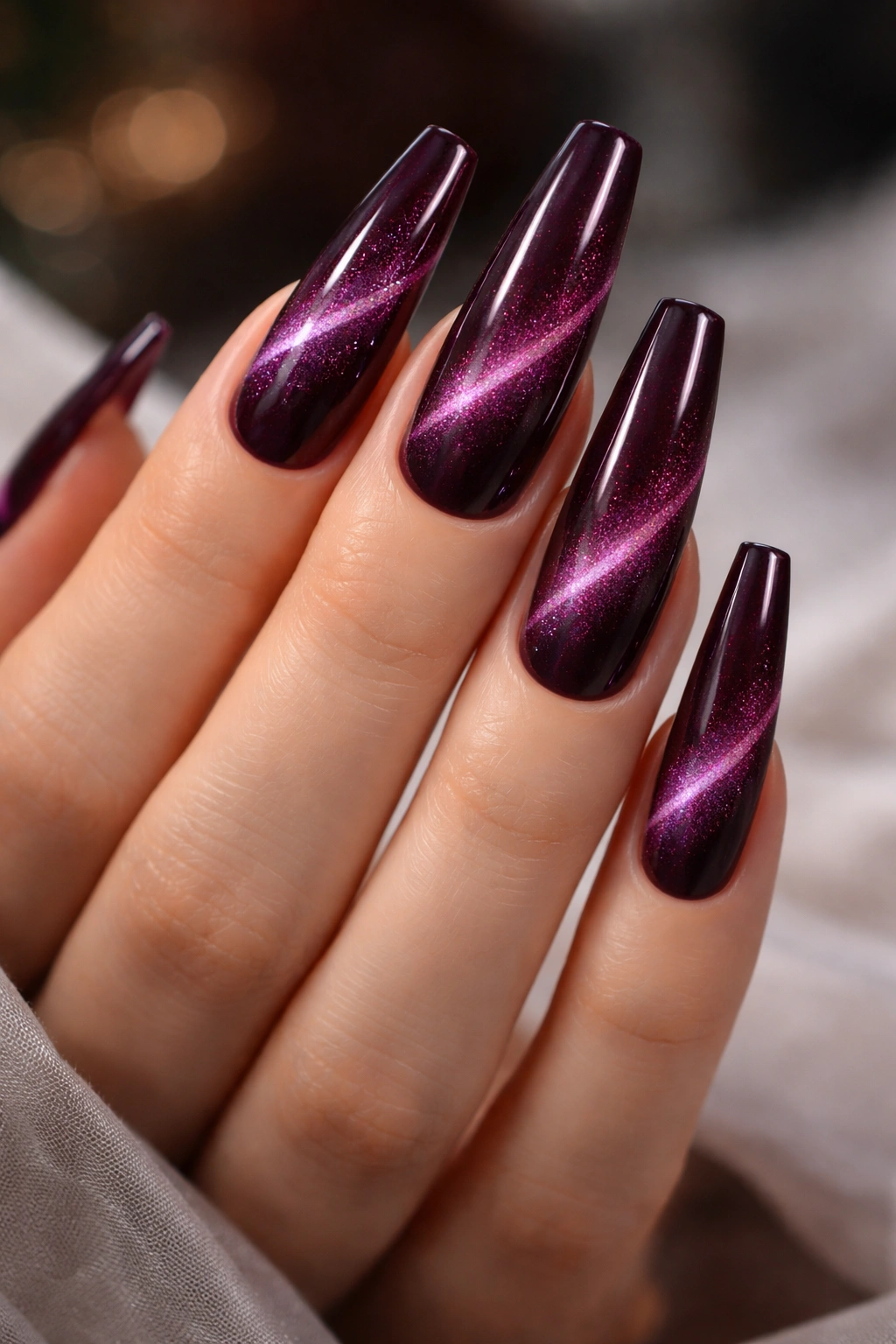 Deep plum cat-eye nails with velvet shimmer on long ballerina tips
