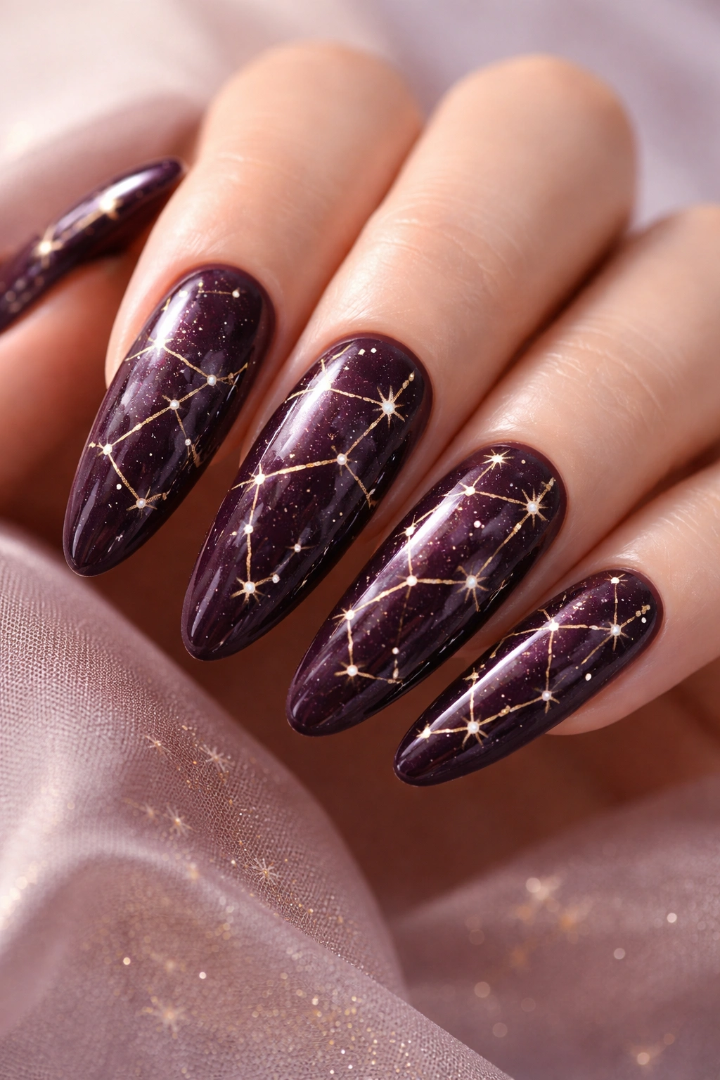 Close-up of deep plum nails with constellation star pattern