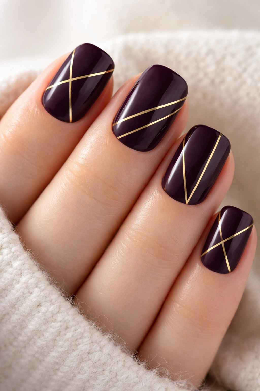 Deep plum nails with gold geometric lines