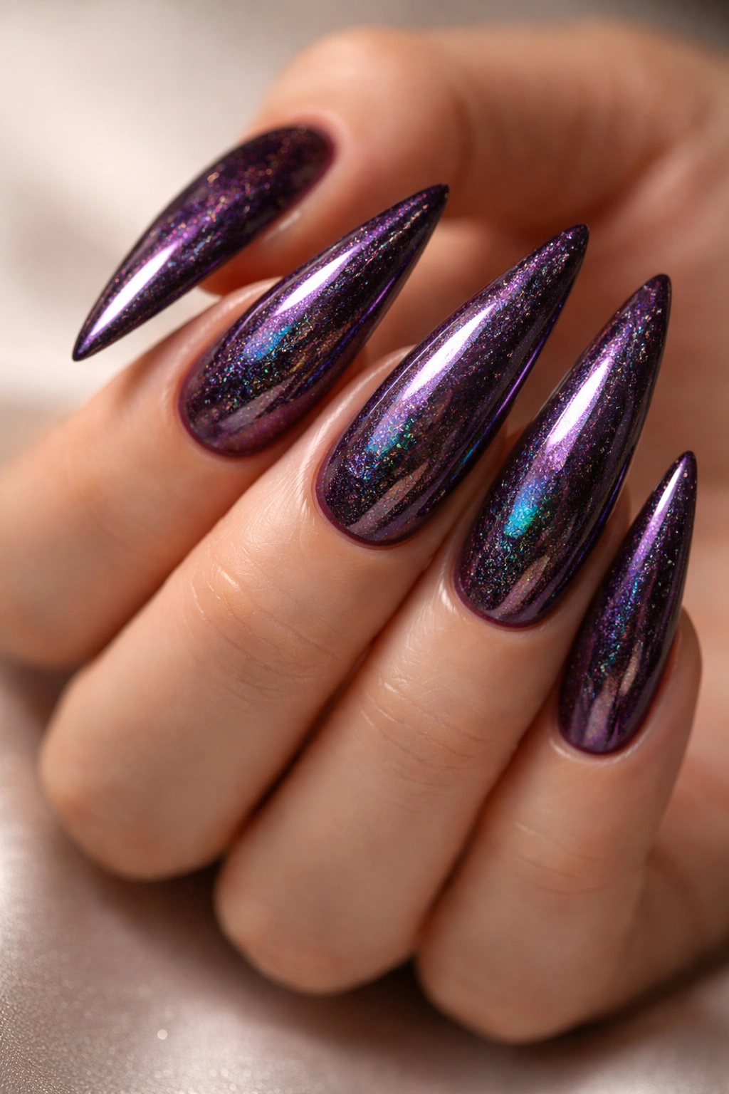 Deep plum nails with holographic sparkle showing rainbow reflections