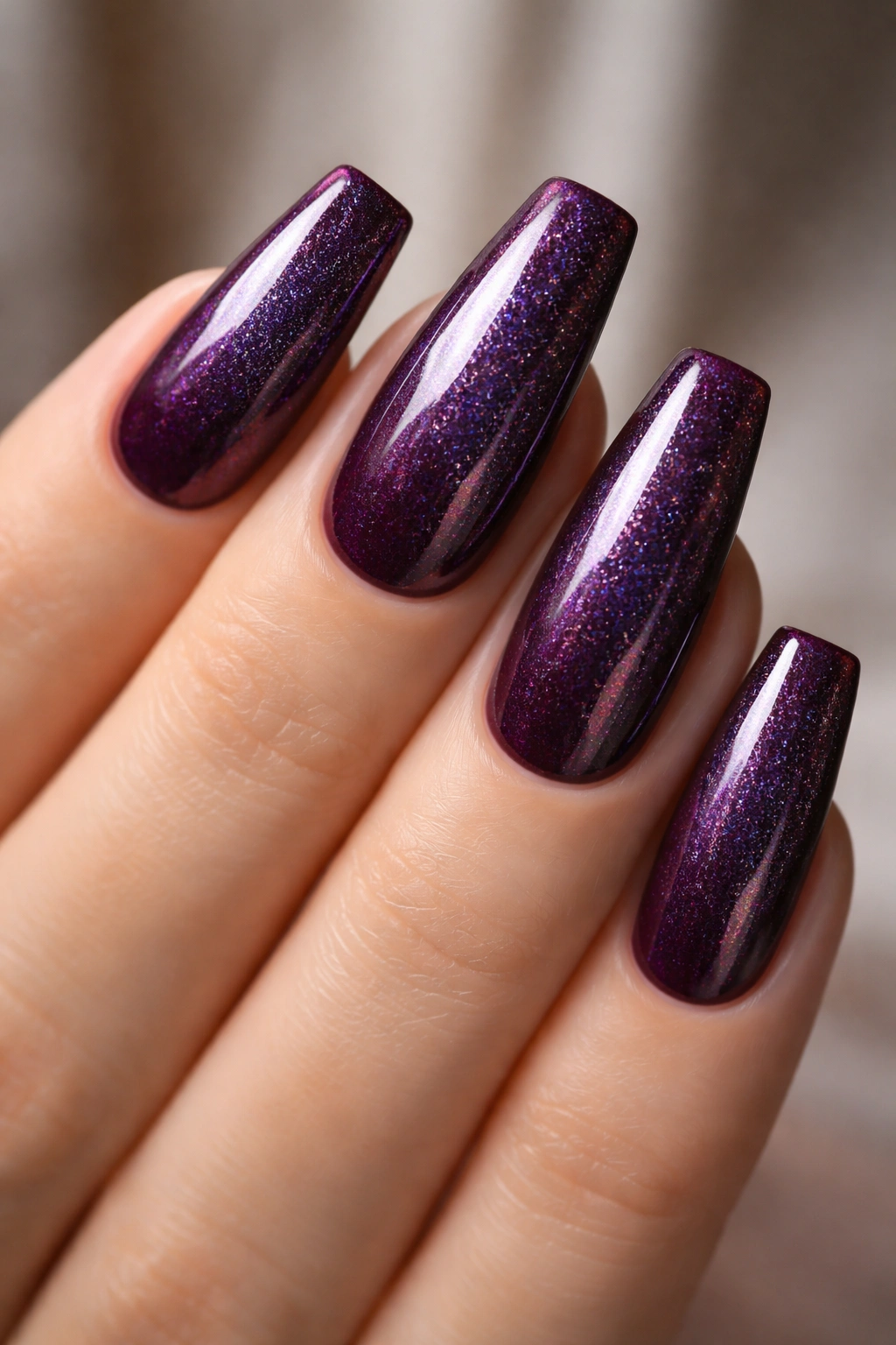 Deep plum coffin nails with holographic shimmer on a bare hand