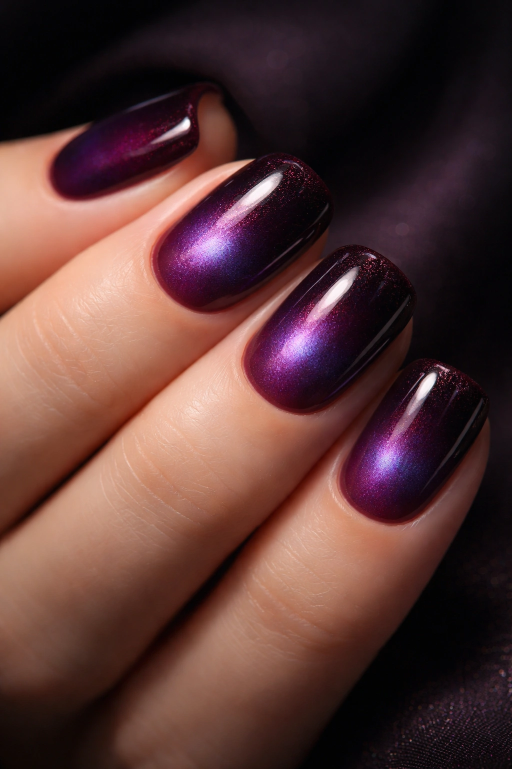 Close-up of deep plum nails with subtle aura shimmer on short squoval shape