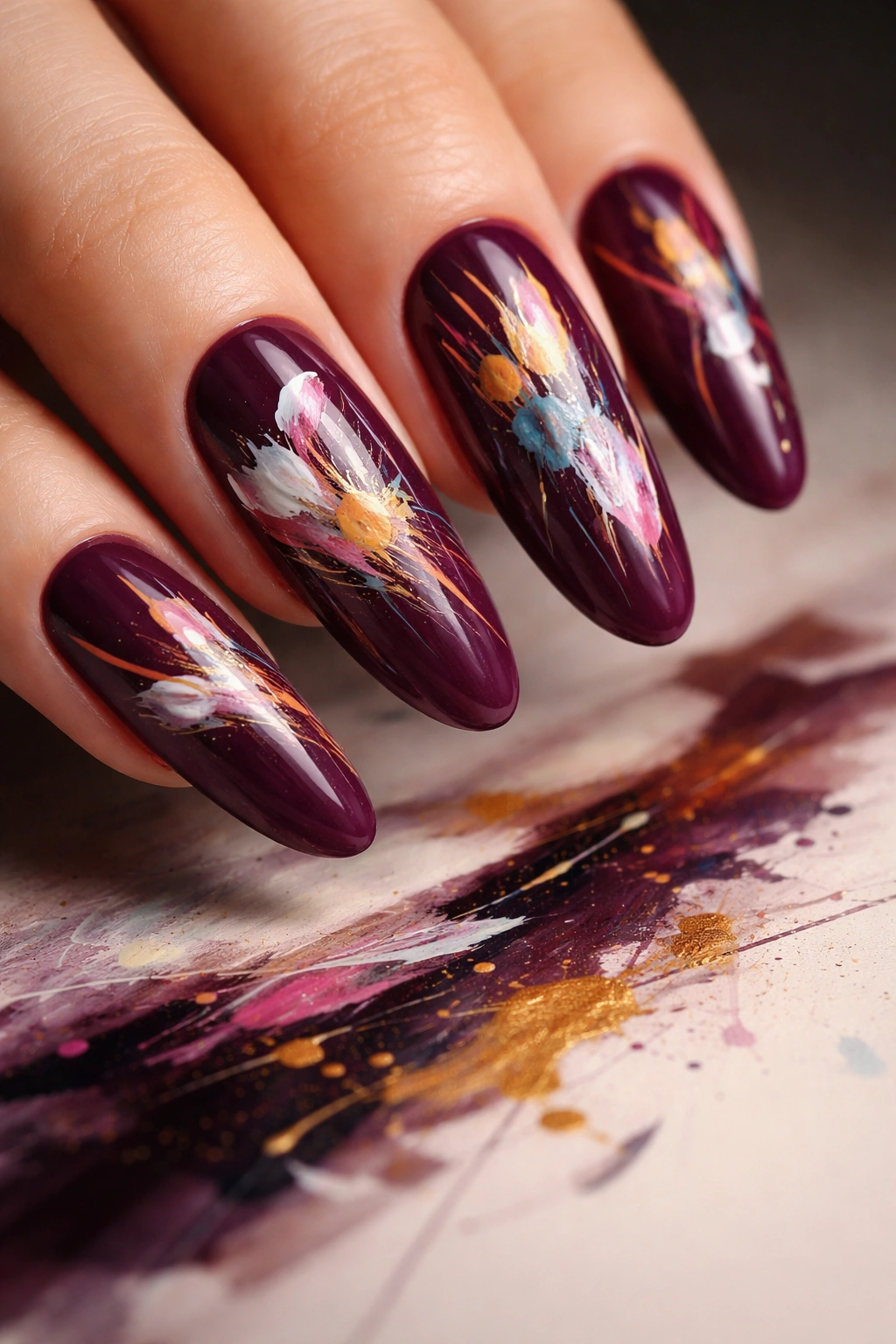Close-up of long oval nails in deep plum with fine brushwork details