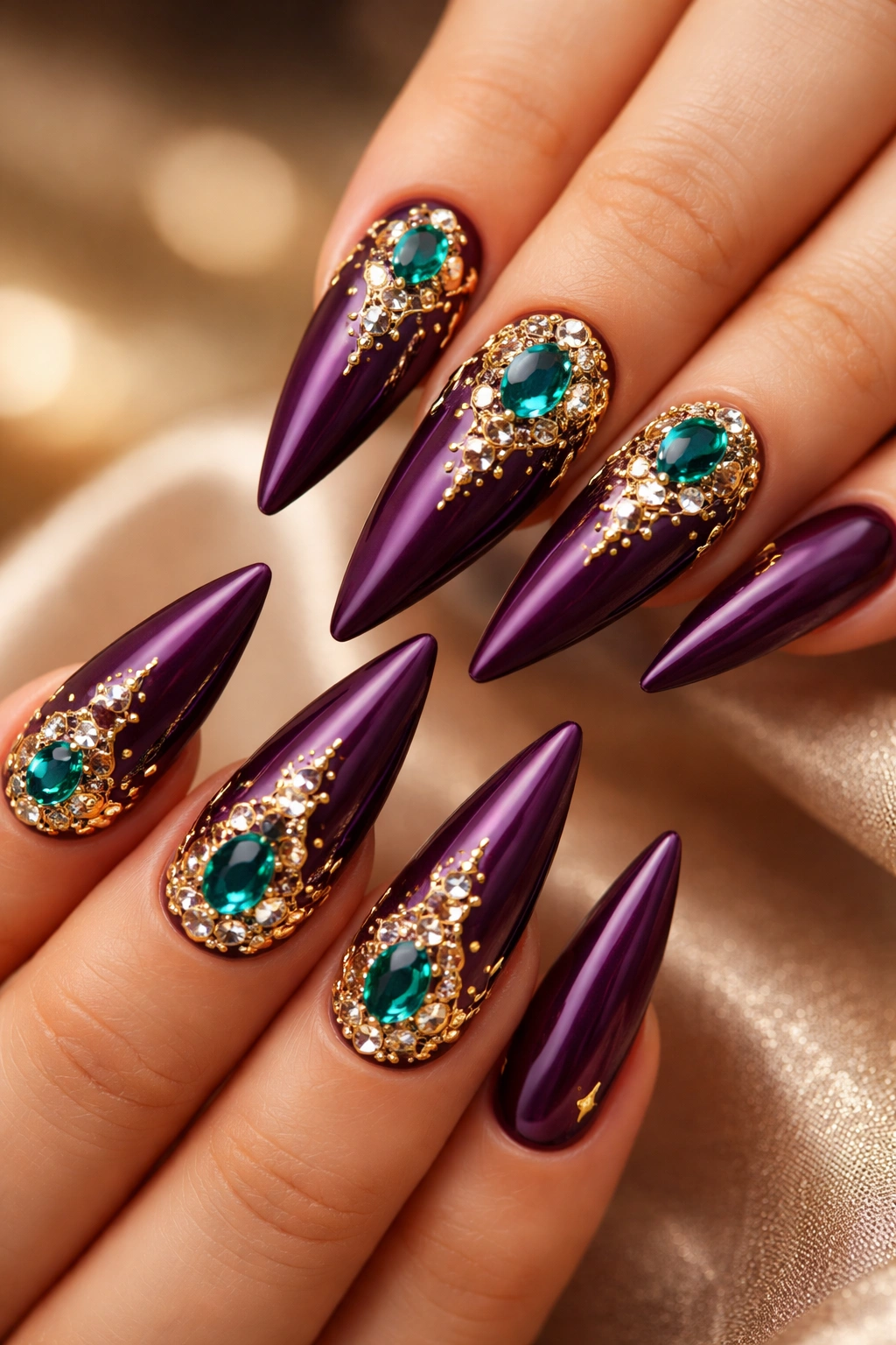Deep plum nails with gold and emerald rhinestones for regal contrast