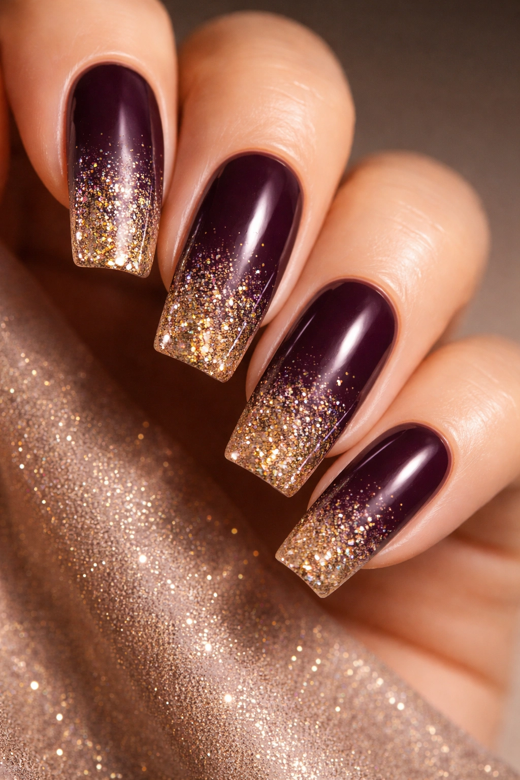 Close-up of deep plum nails with gold glitter ombre on squoval shape