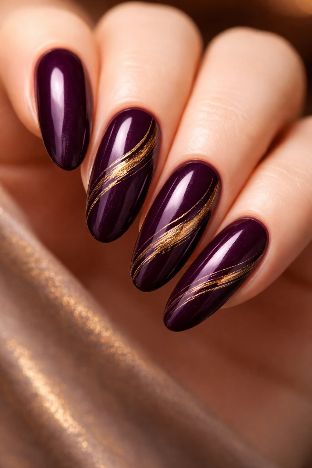 Close-up of long oval nails in deep plum with thin gold brush strokes on select nails