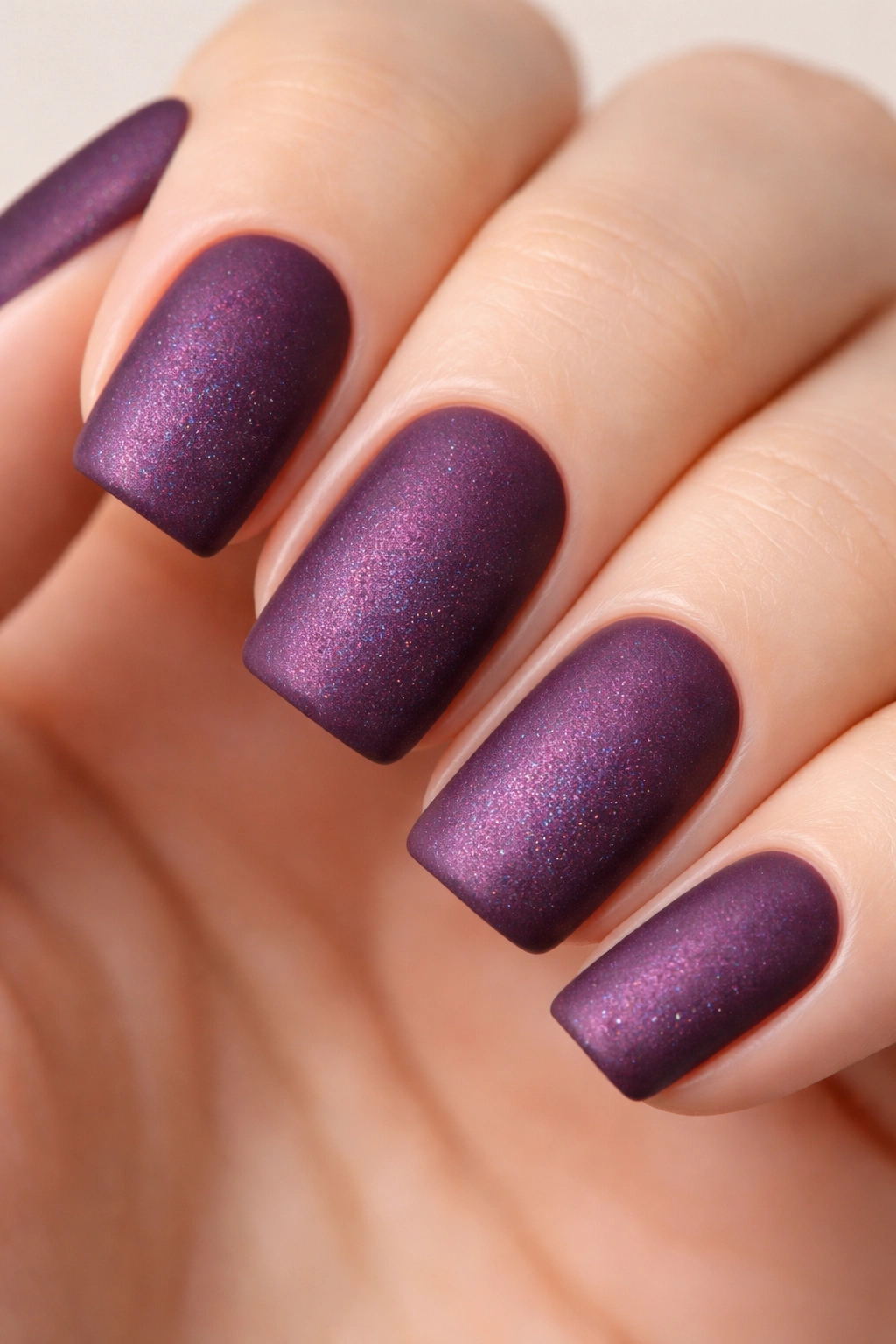 Close-up of deep plum squoval nails with holographic shimmer under a matte topcoat