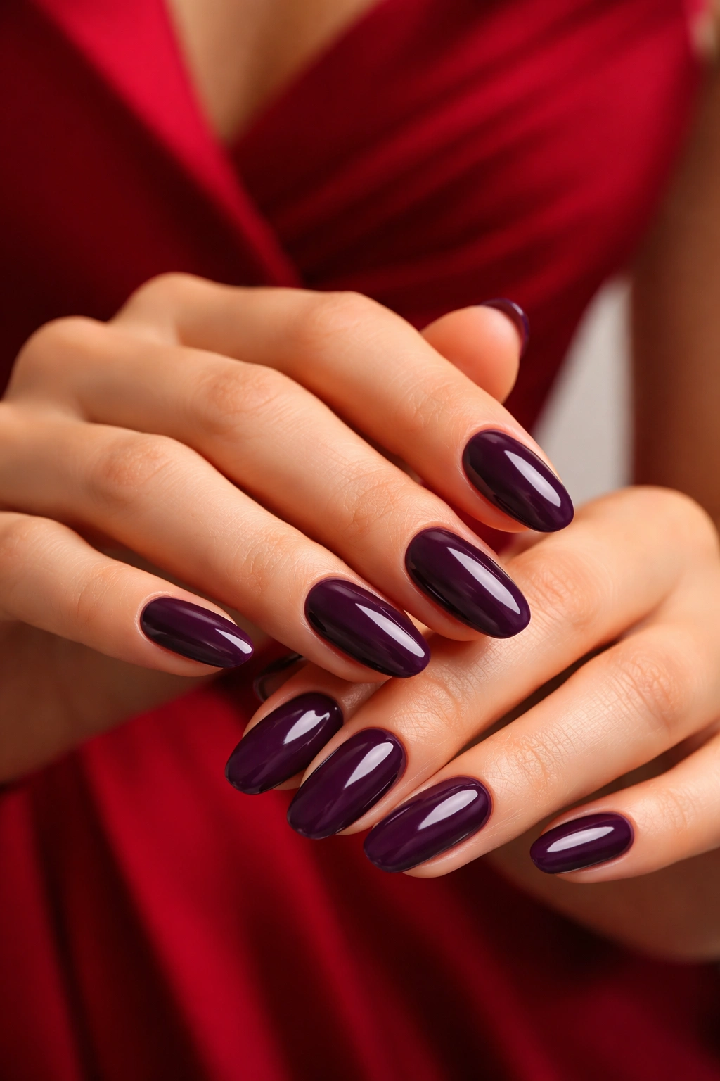 Deep plum nails on hands with glossy finish