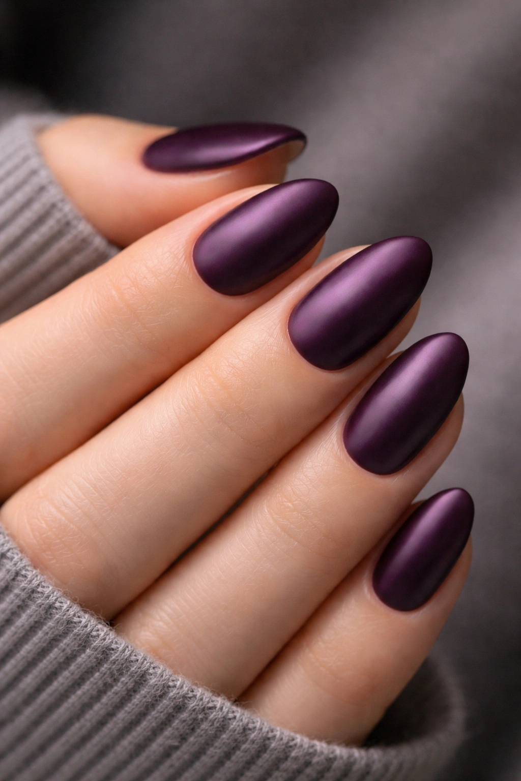 Close-up of deep plum short almond nails with a satin polish finish