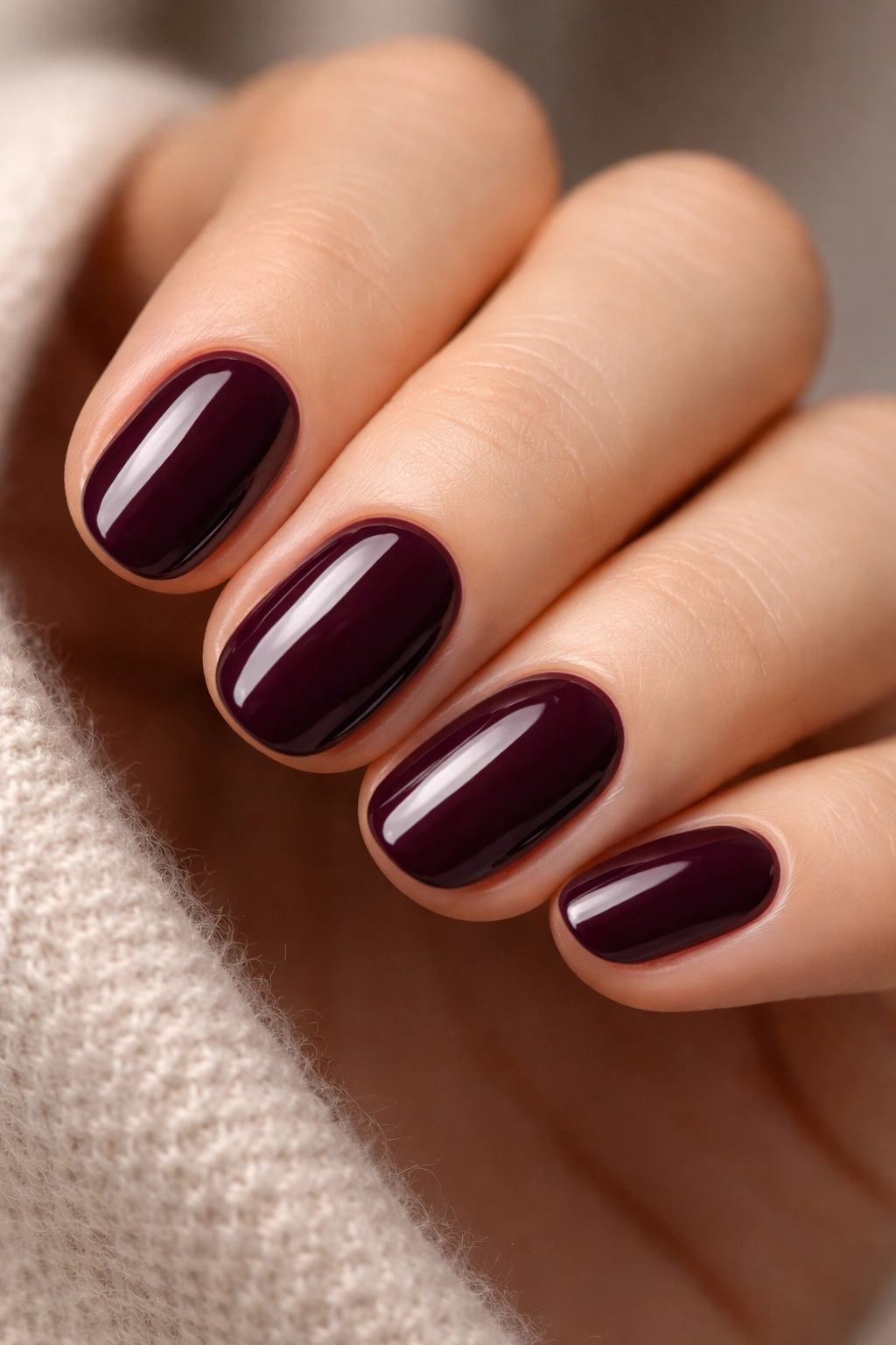 Close-up of short oval nails in deep plum with clean cuticles