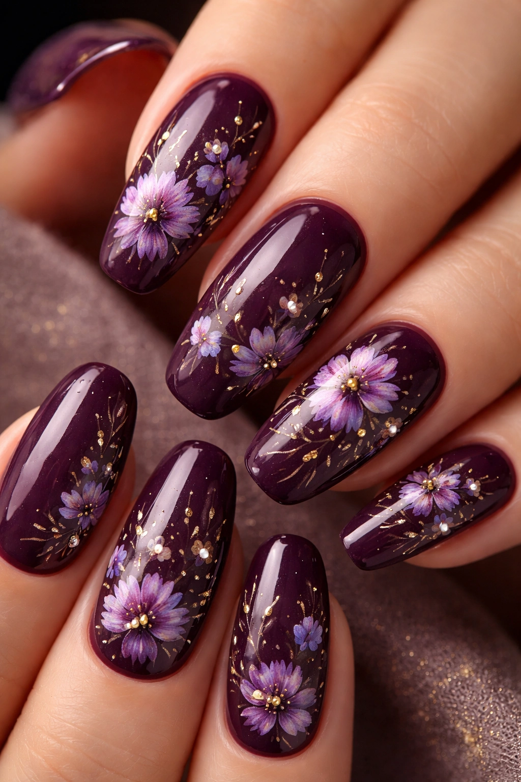 Close-up of deep plum nails with purple wildflowers and gold accents
