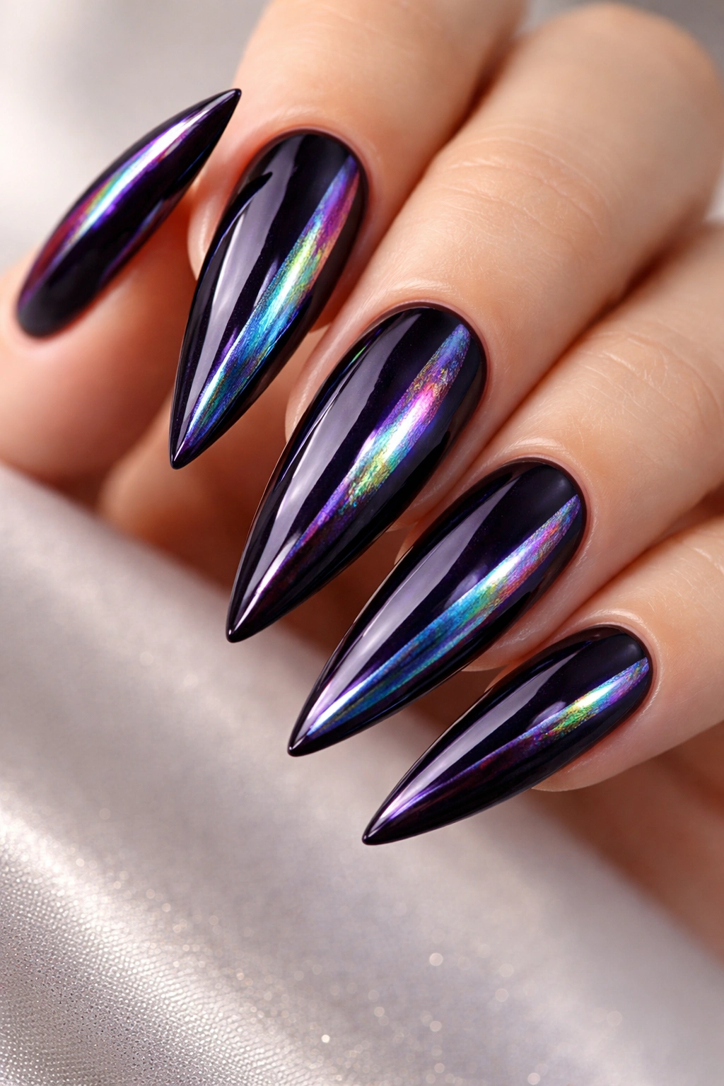 Close-up deep purple nails with holographic chrome accents