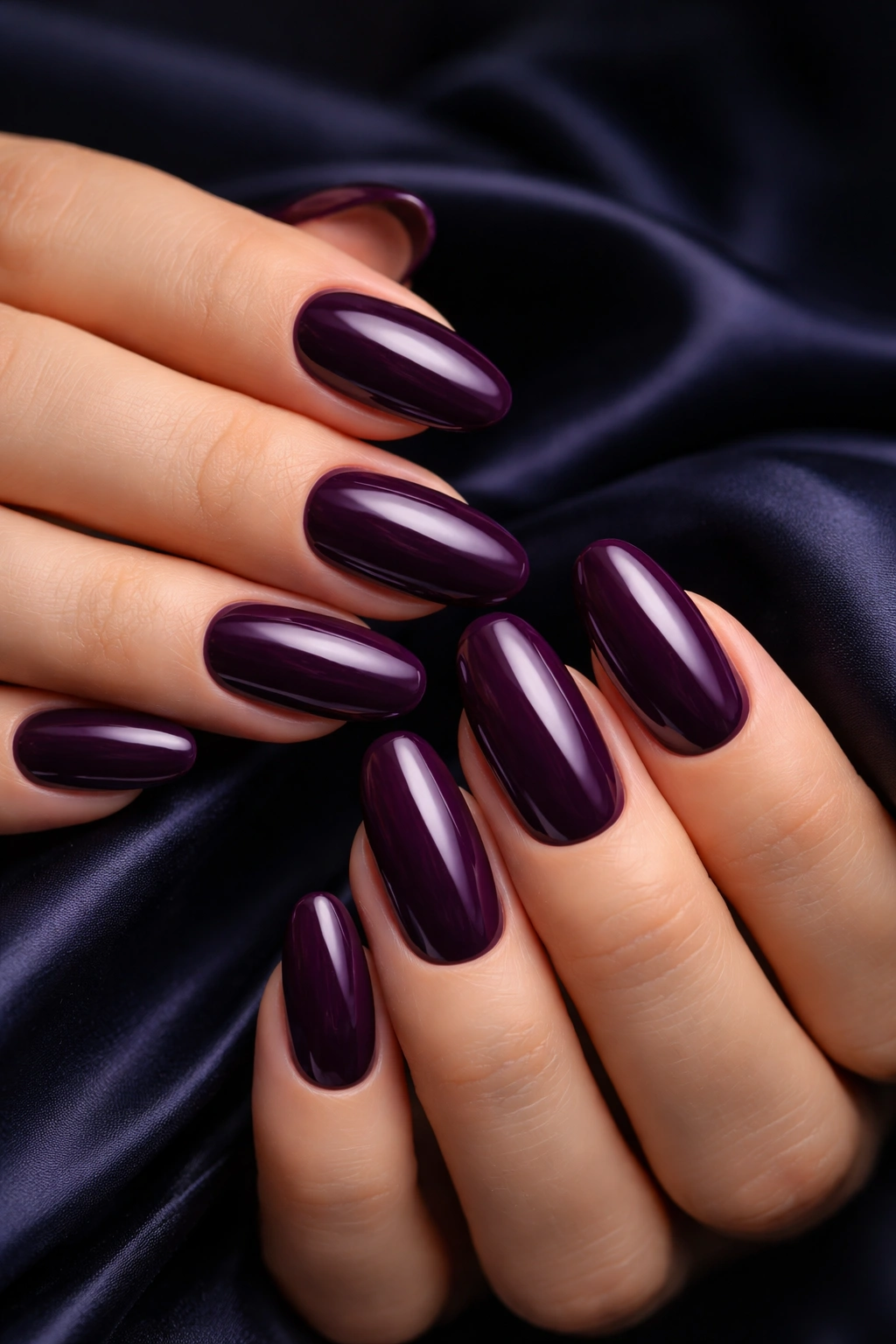 Deep purple nails in plum shade on hands with rich dark background