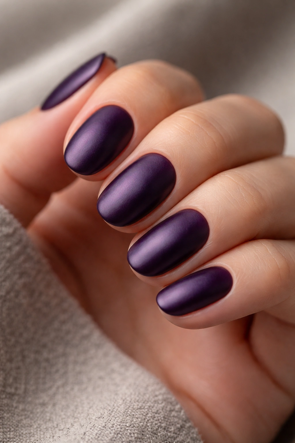 Deep purple short oval nails with satin finish in studio lighting