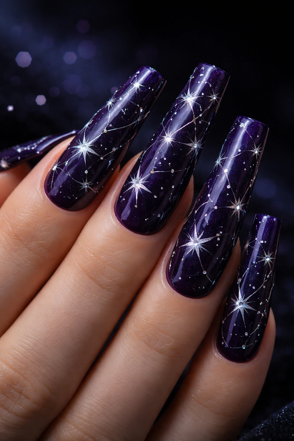 Close-up of deep purple nails with silver starry night design