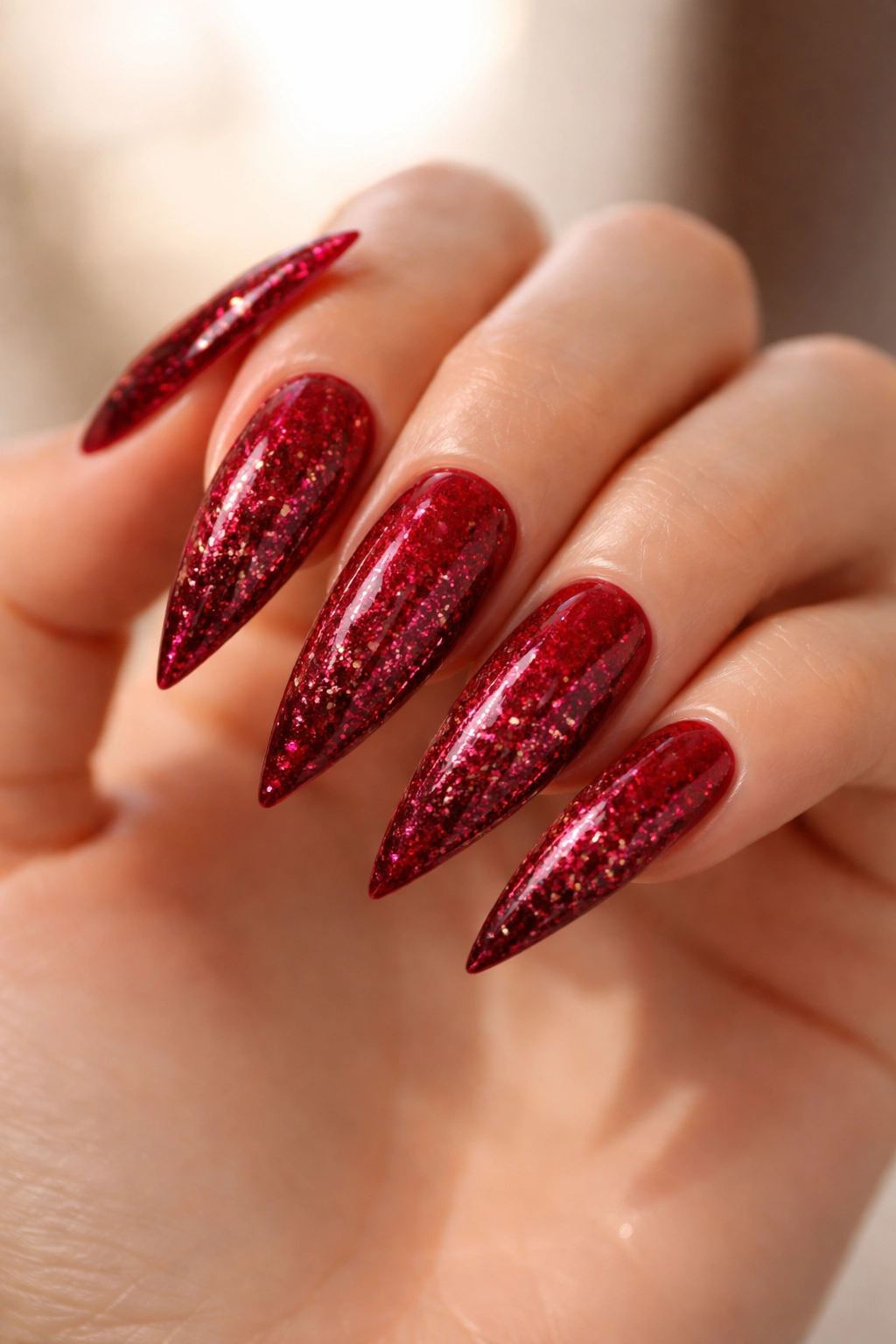 Deep red stiletto nails with gradient glitter fade from base to tip