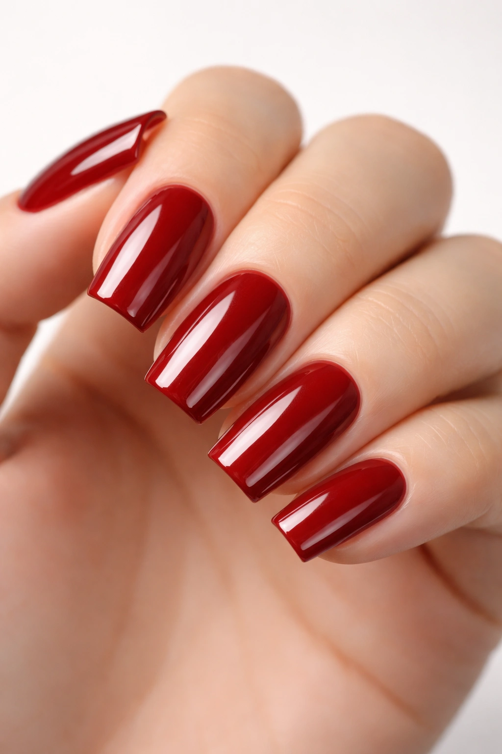 Close-up of deep red soft square nails with gloss finish