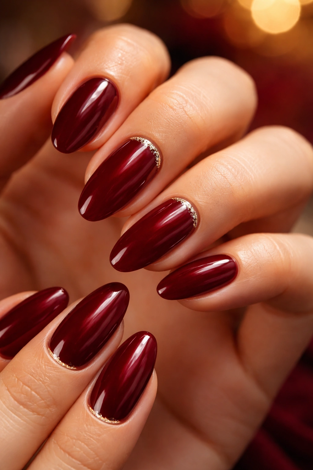 Close-up of hands with Deep Red Passion manicure featuring burgundy nails and gold glitter accent line.
