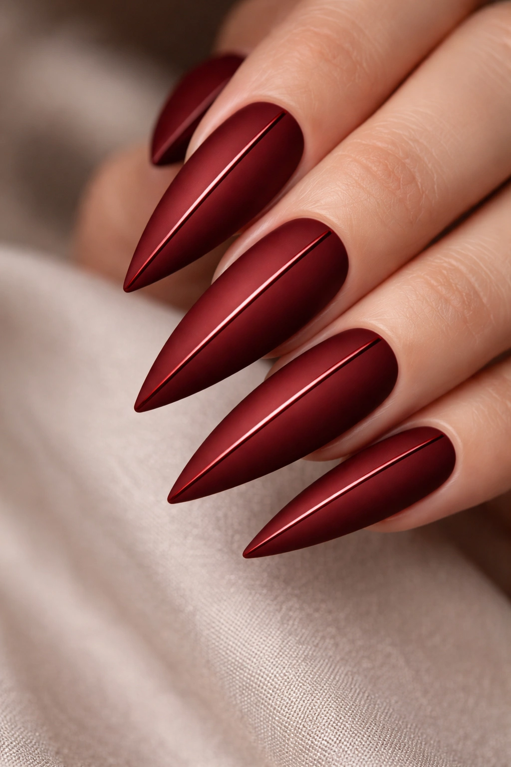 Deep red stiletto nails with matte finish and glossy center line.