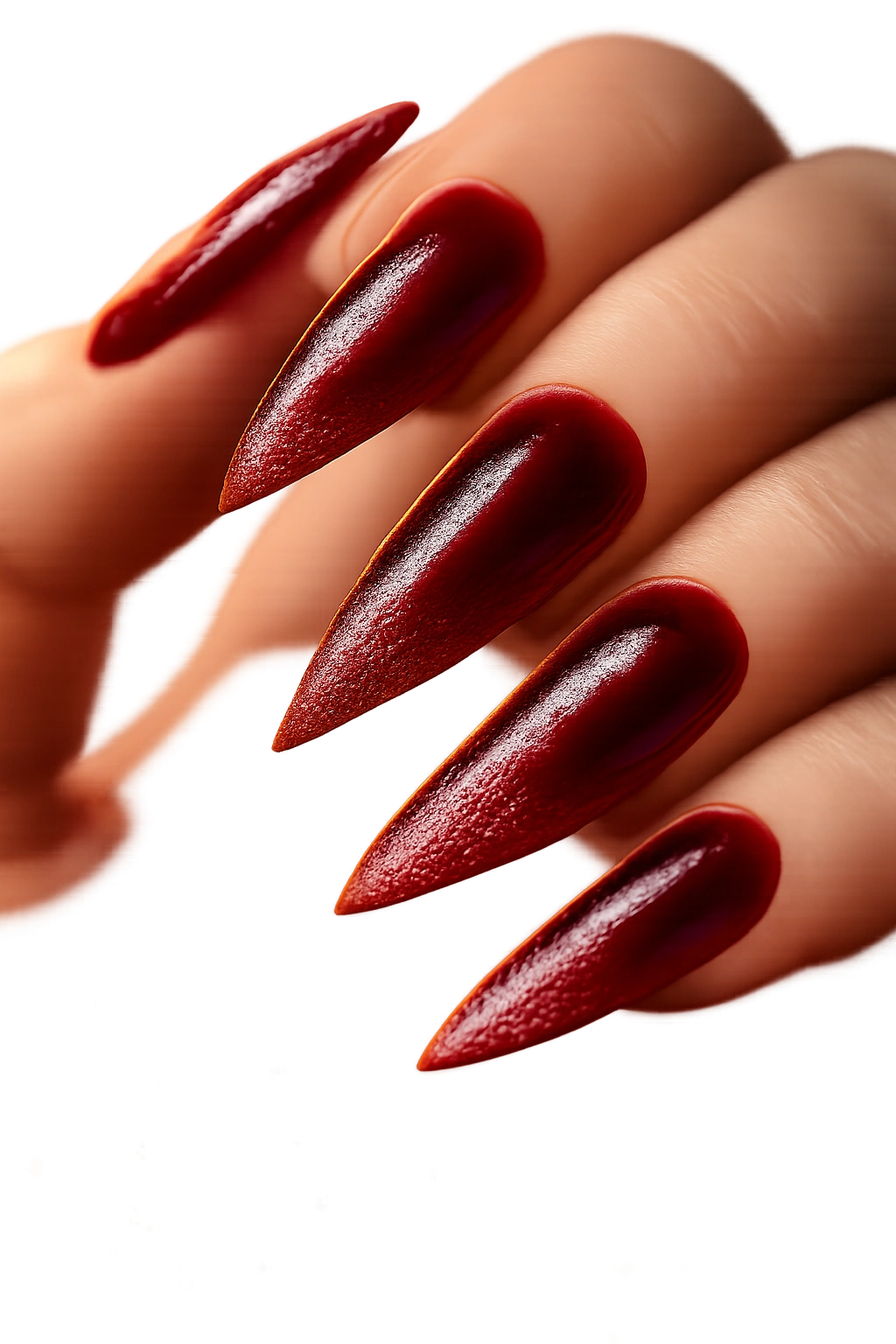 Deep red stiletto nails with transparent sparkle overlay