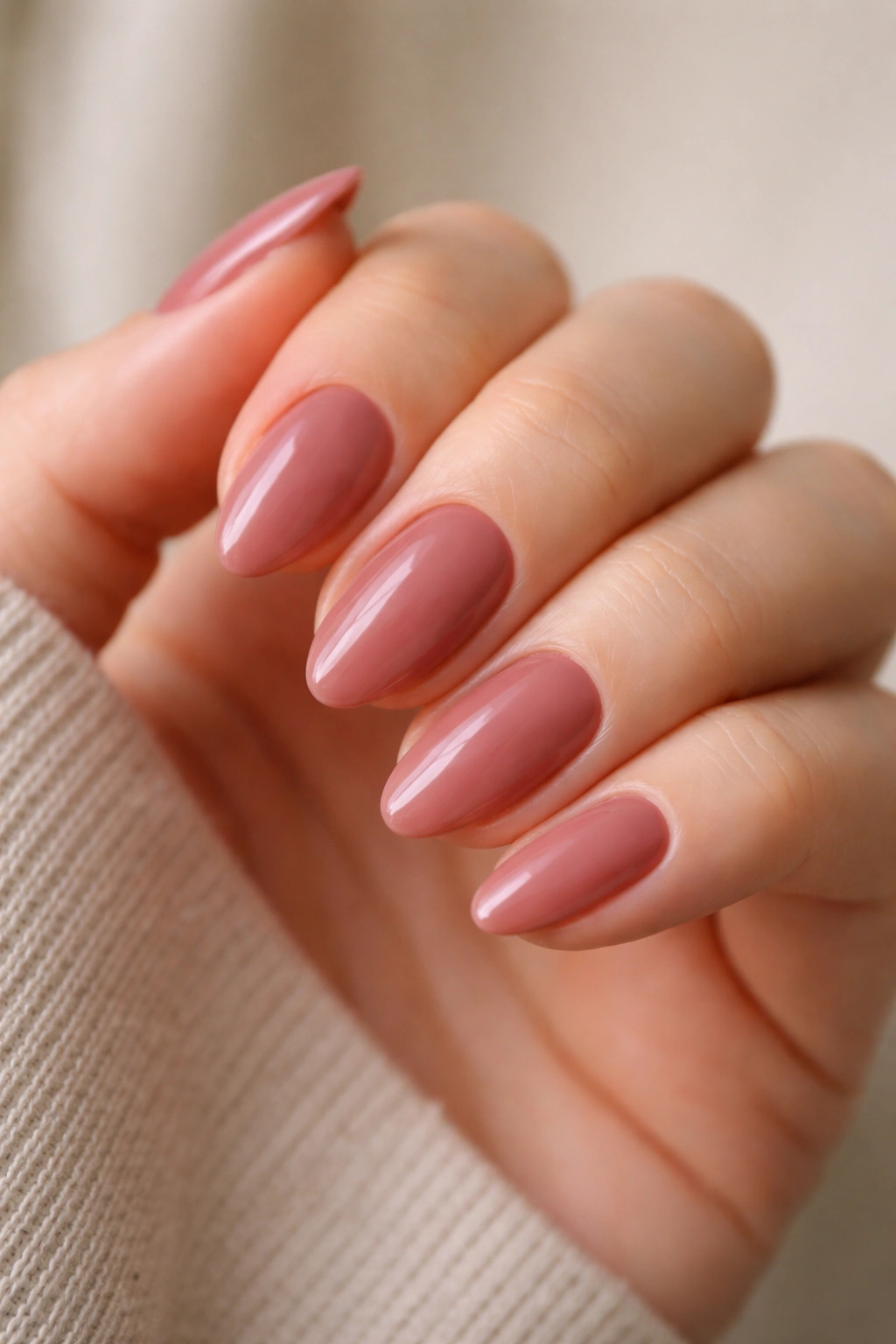 Close-up of deep rose neutral almond nails on a hand with neutral background
