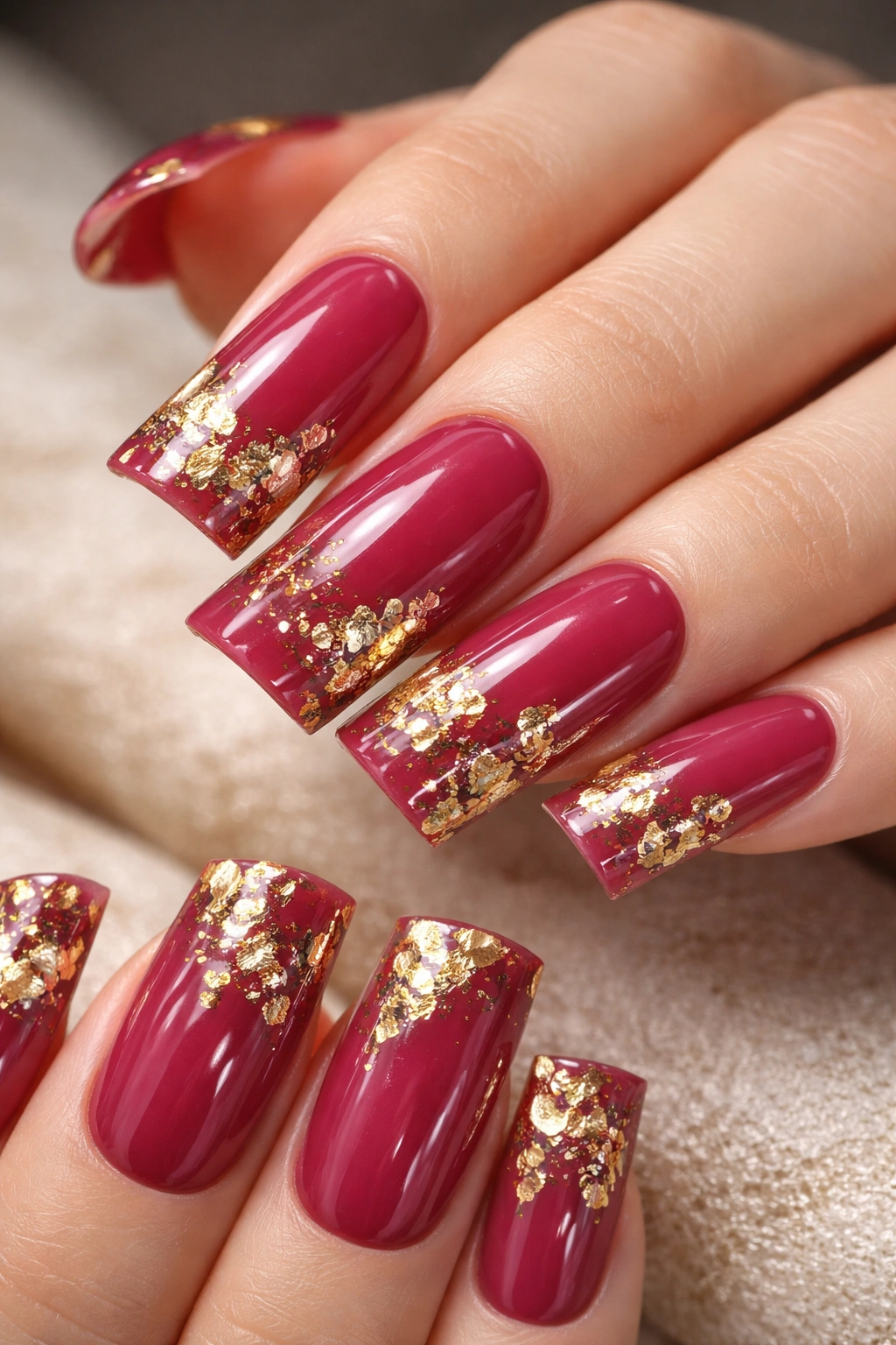 Close-up of deep rose duck nails with gold leaf and glossy finish
