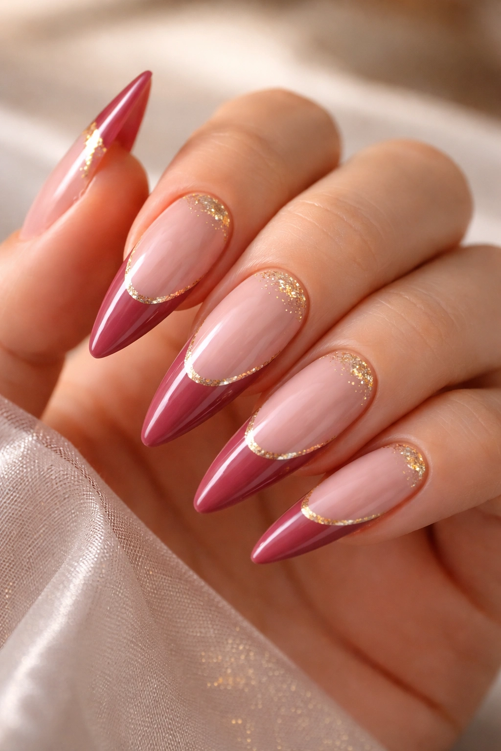 Stiletto nails with deep rose pink base, white tip and gold accents