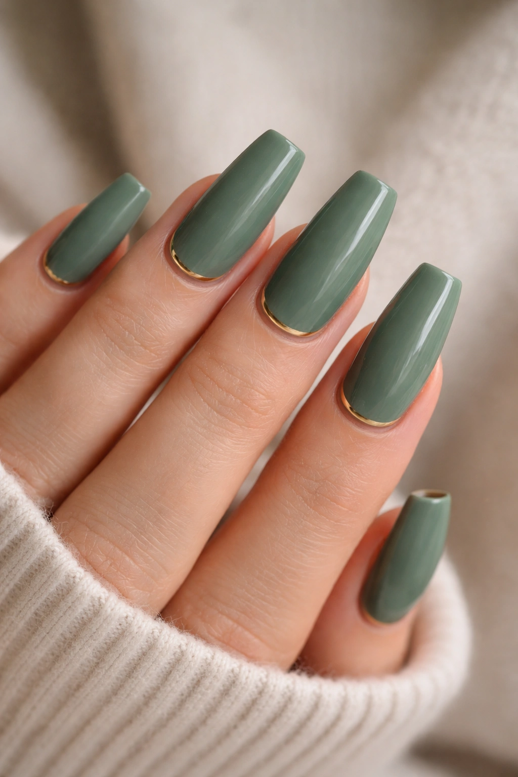 Deep sage nails with a thin gold cuticle line close-up