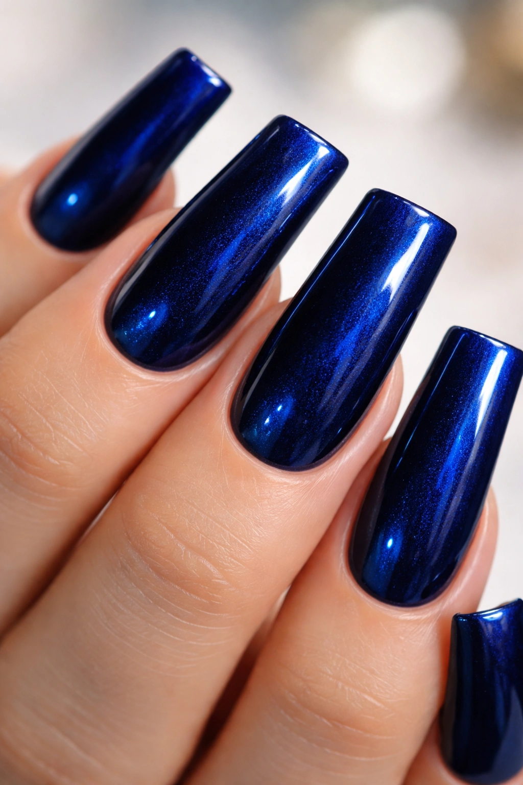 Close up of deep sapphire blue duck nails with subtle shimmer