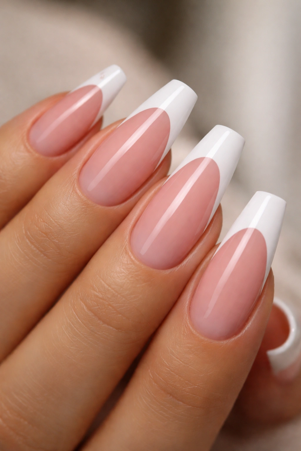 Deep smile line French on ballerina nails with sheer pink base
