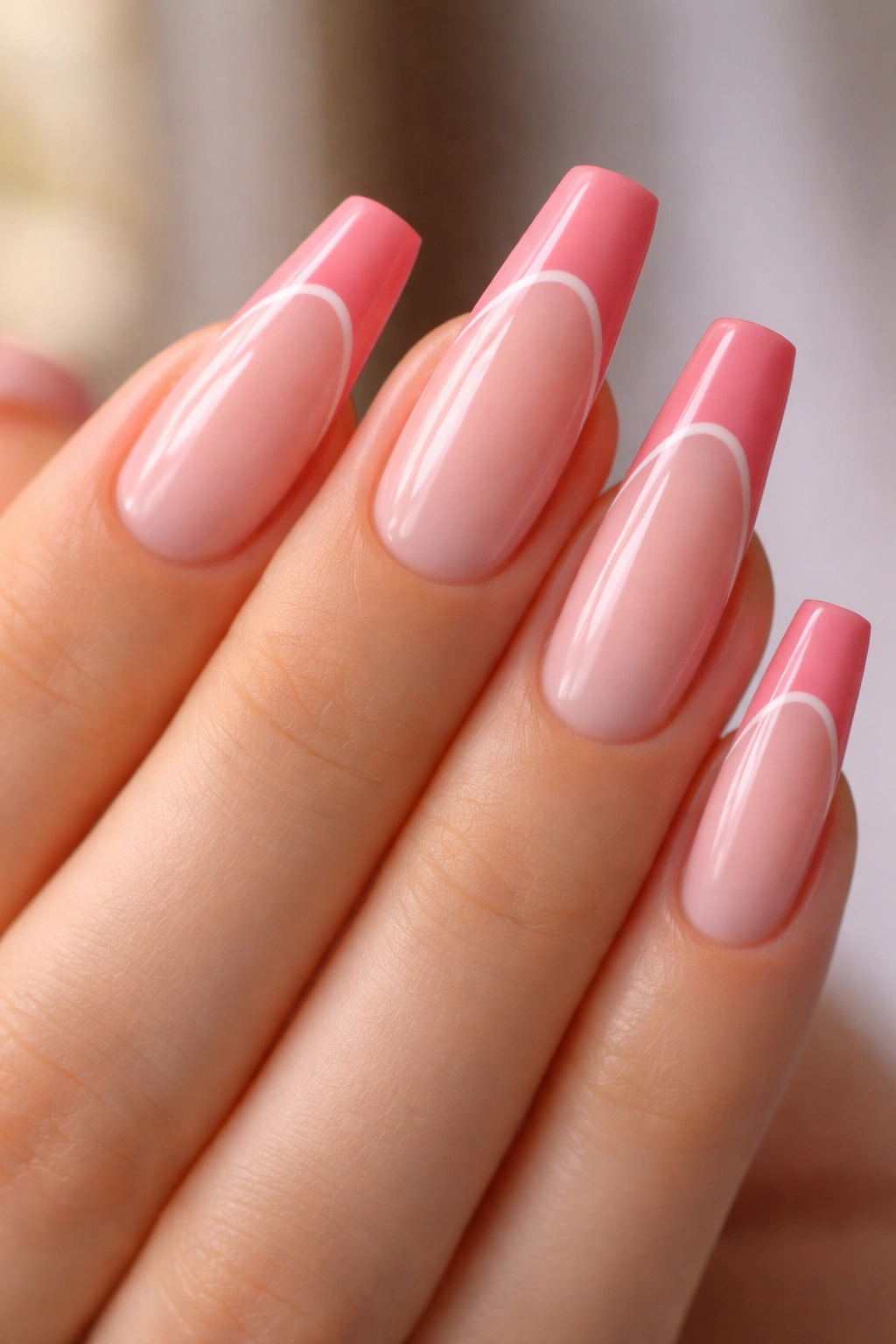 Pink French tip ballerina nails with a deep smile line.