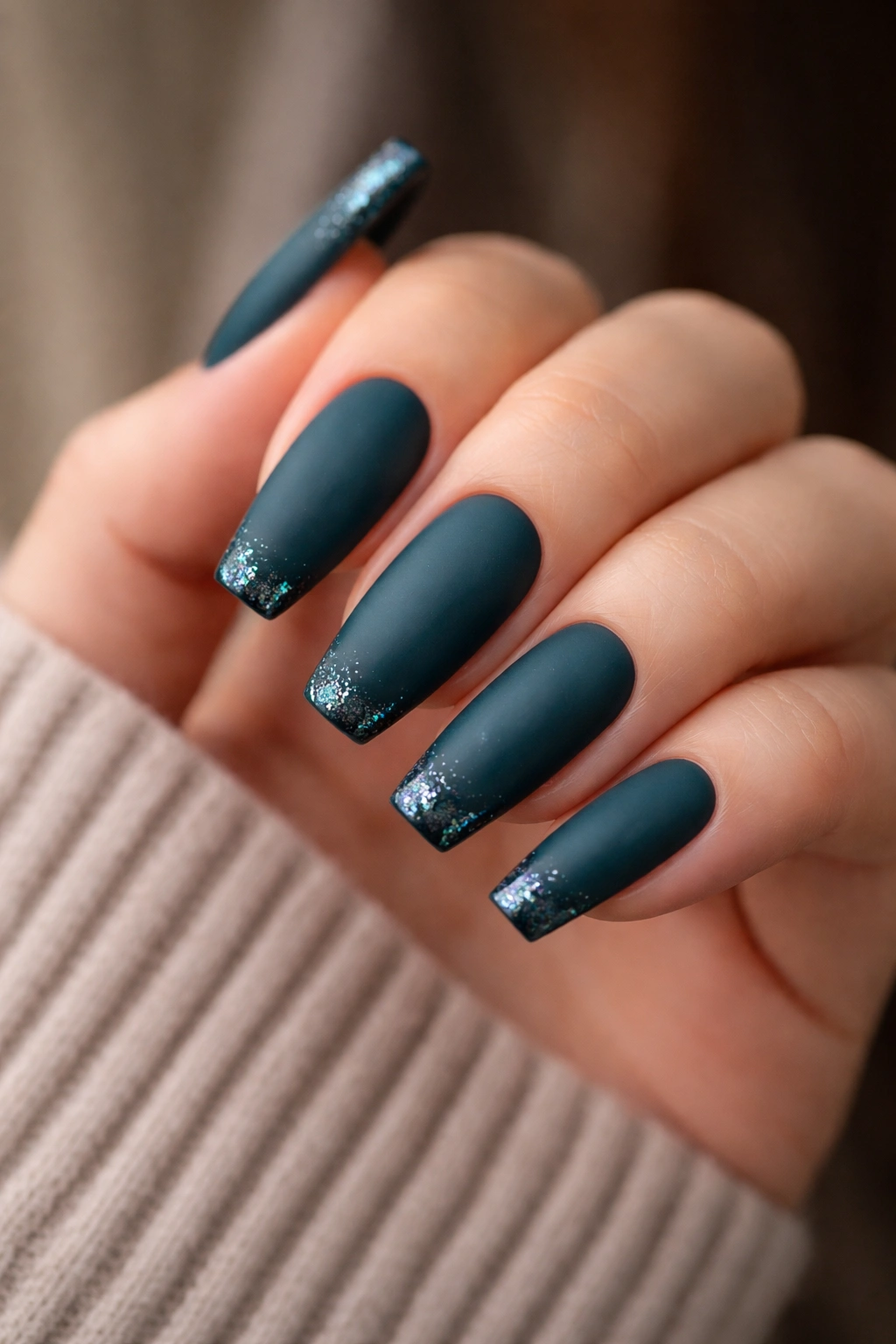 Deep teal matte nails with sparkling tip accents
