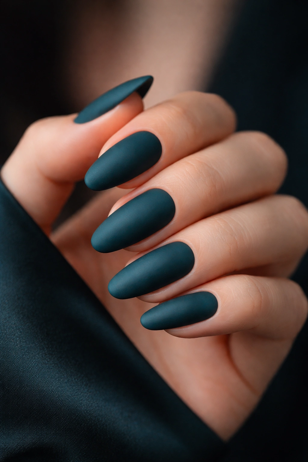 Deep teal matte nails on a hand with rich jewel tone
