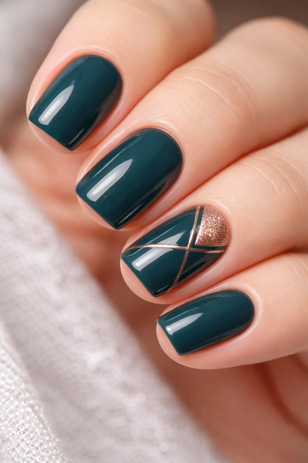 Close-up of deep teal squoval nails with rose gold metallic accents