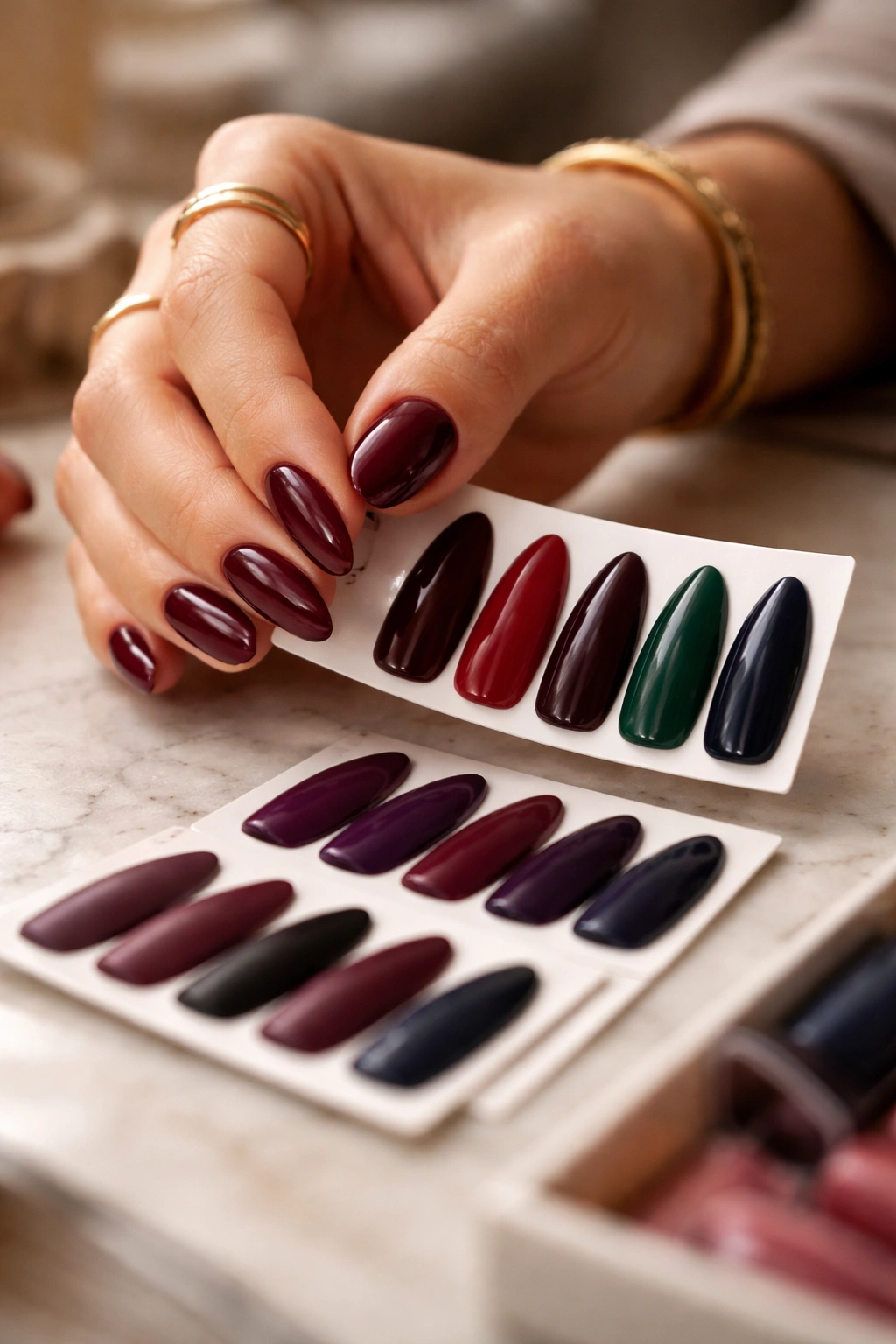 Hand and color swatches showing deep nail tone options