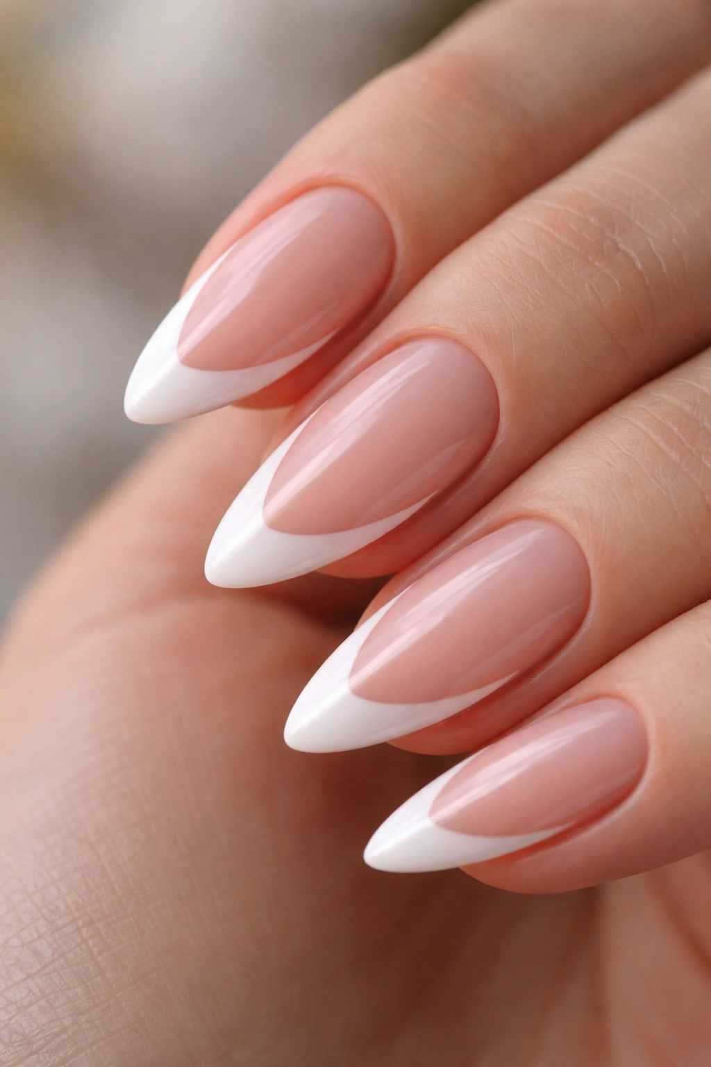 Close-up of almond nail with deep V French smile line extending toward the cuticle