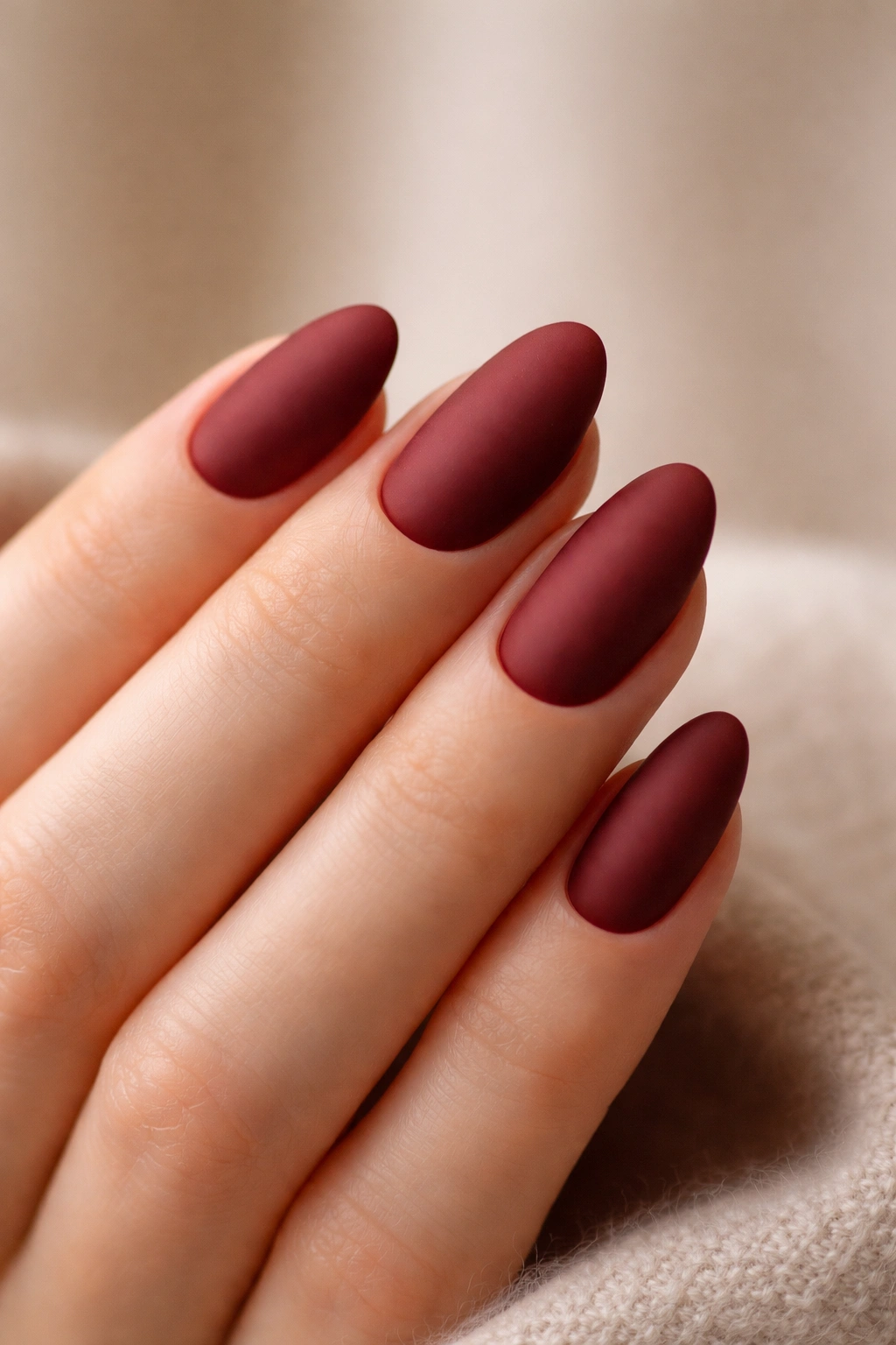 Close-up of short almond nails in deep wine red matte finish