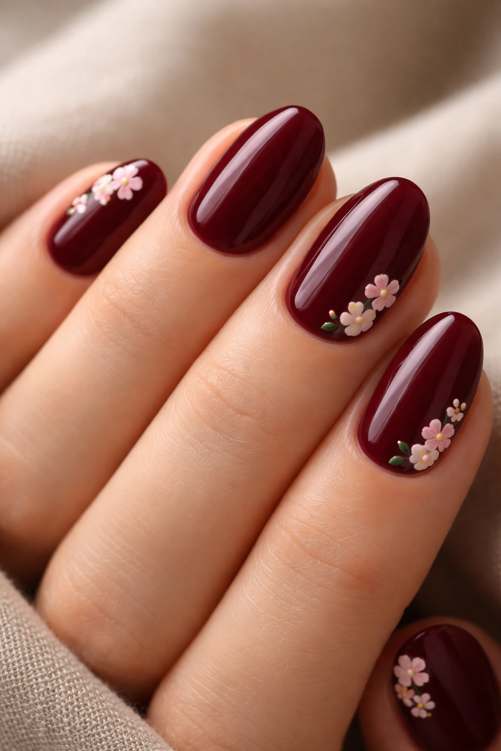 Almond nails in deep burgundy with tiny pale pink floral accents at tip