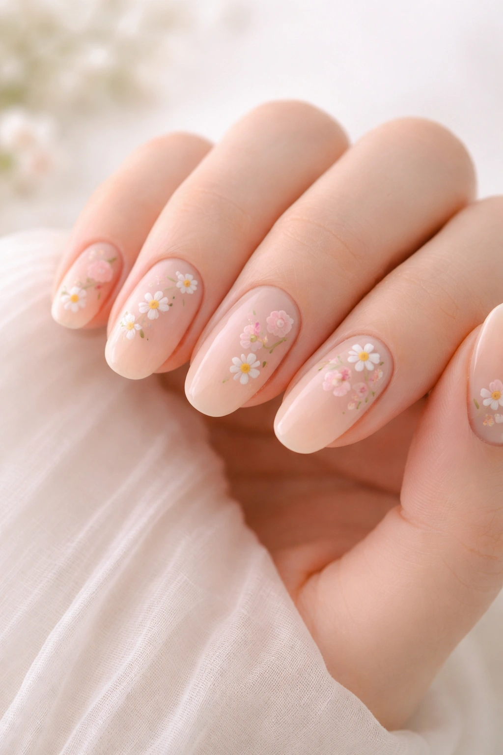 Close-up of nails with delicate floral accents featuring tiny white daisies on a nude base