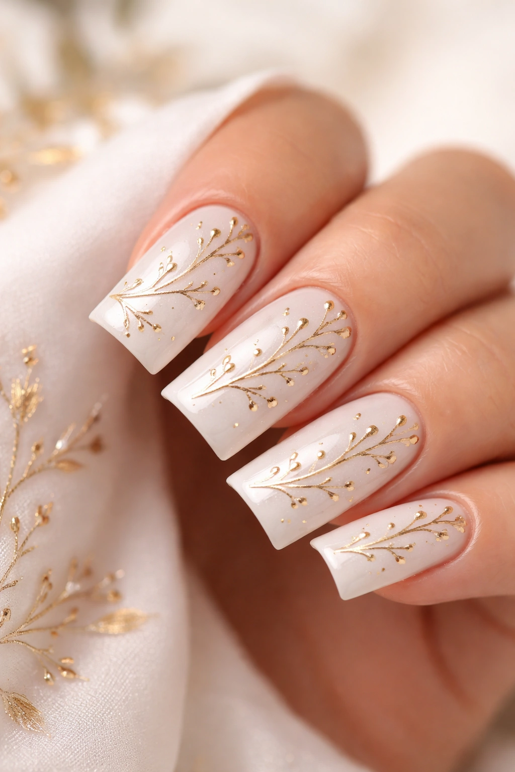 Nails with delicate gold floral branches on white base