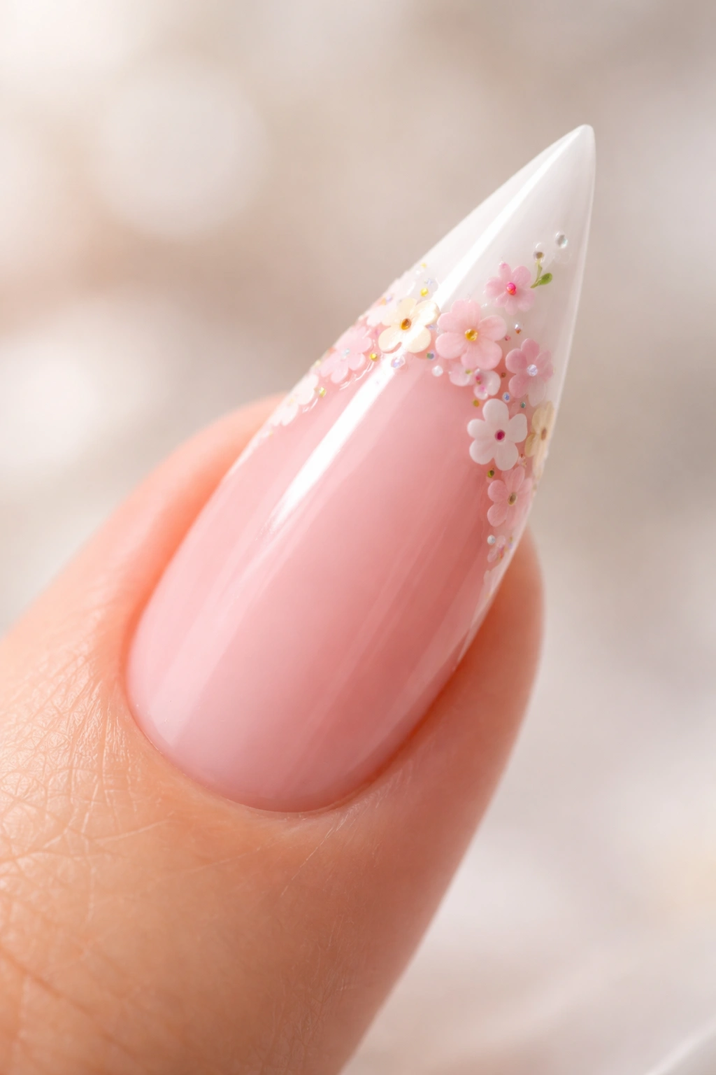 Close-up of a single stiletto nail with tiny hand-painted pastel flowers on the white French tip