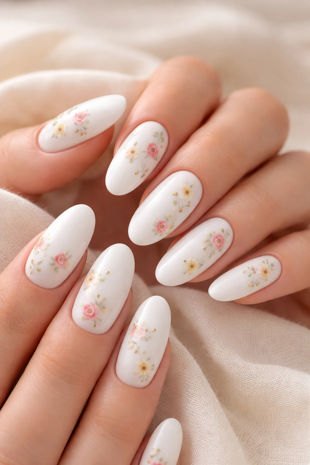 Close-up of white long oval nails with tiny floral details on each nail